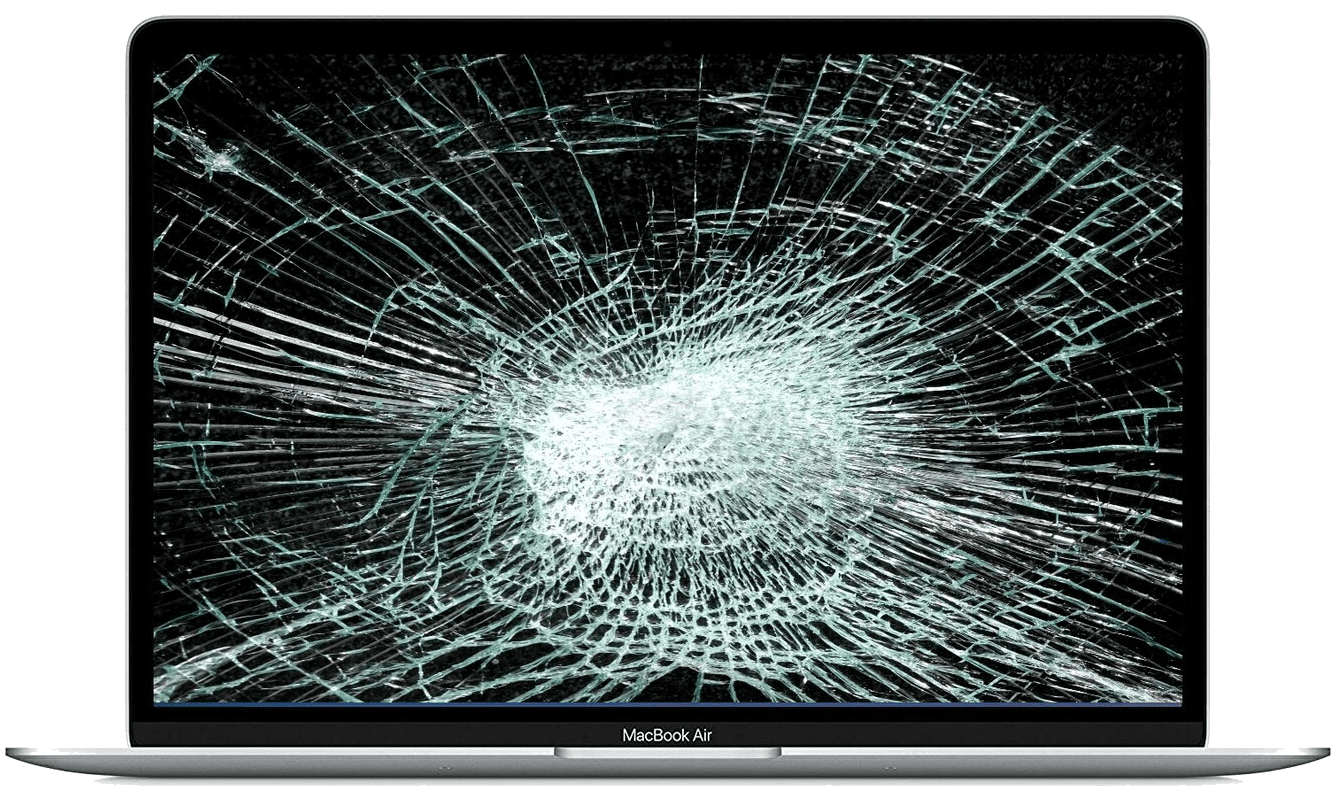 Damaged MacBook screen with visible LCD cracks.